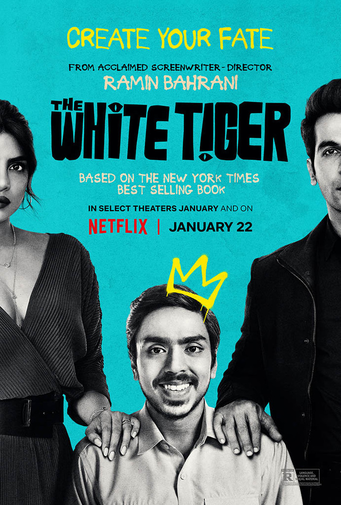 ادارش گوراو، پریانکا چوپرا و راجکومار رائو در پوستر فیلم ببر سفید «The White Tiger»